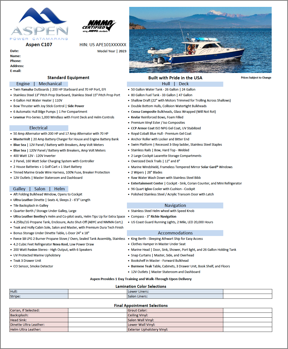 Aspen Power Catamarans C107 Price Sheet