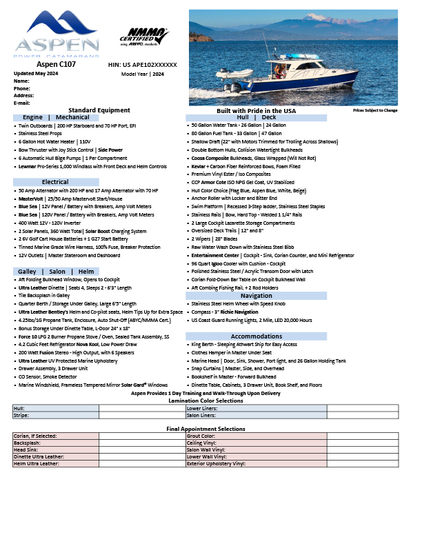 Aspen Power Catamarans C107 Price Sheet